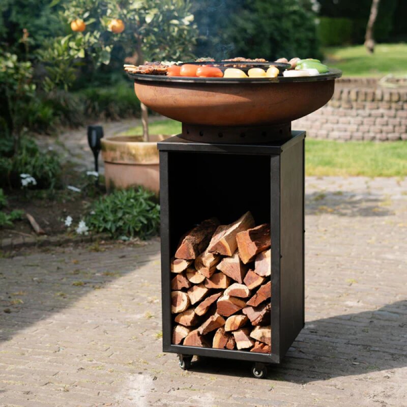 BBQ Plancha Grill Acier Corten Blackline Camarada 2.0 - Avec Housse de protection personnalisée et rangement bois Ø70cm