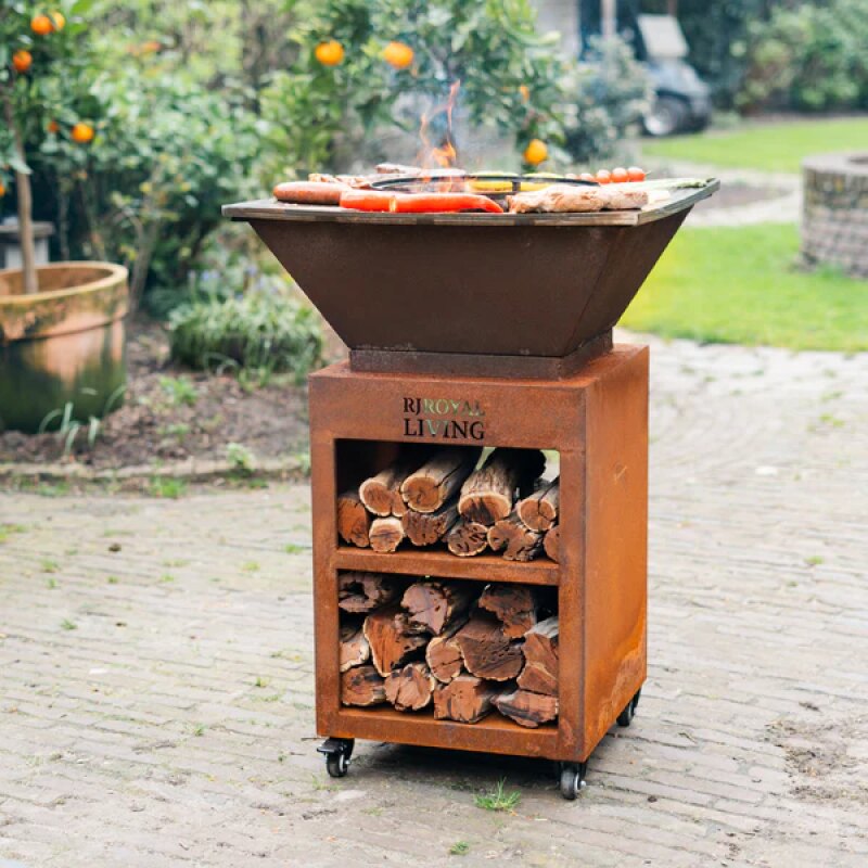 BBQ Plancha Grill Acier Corten Bilbao - Avec Housse de protection personnalisée et rangement bois 65 x 65cm