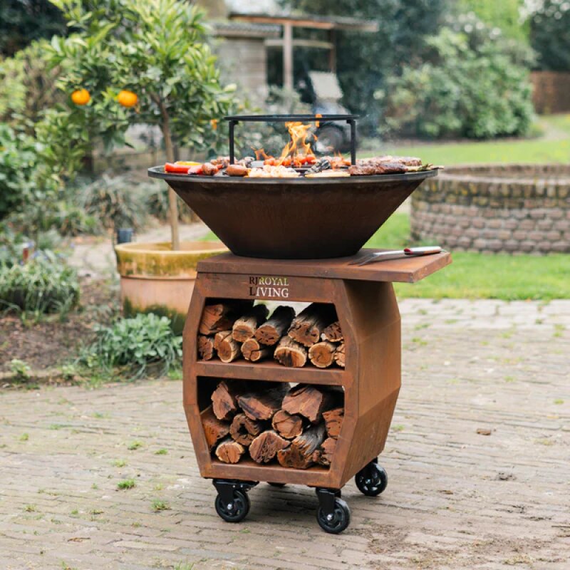 BBQ Plancha Grill Compañero XXL Acier Corten 2.0 - Avec Housse de protection personnalisée et rangement bois Ø80cm