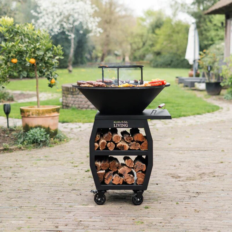 BBQ Plancha Grill Compañero XXL Blackline 2.0 - Avec Housse de protection personnalisée et rangement bois Ø80cm