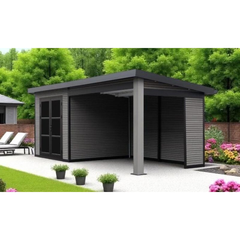 Abri composite avec extension à droite - Gris anthracite - 5.185x2.23m, 11.56m2